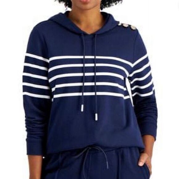 Charter Club Nautical Stripe Hoodie Sweatshirt Button Detail Women Medium Blue - Picture 1 of 7